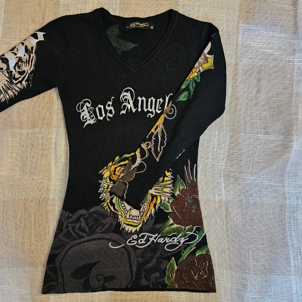 y2k Mobwife McBling Blokecore Ed Hardy Tiger Logo Babydoll Long Sleeve Tee - Picture 2 of 6